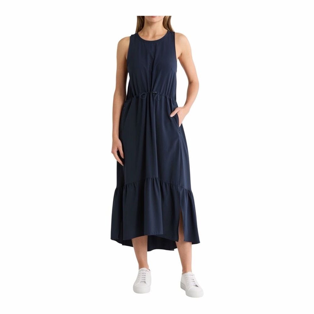 Zella Pursuit Tiered Midi Dress adjustable drawcord waist navy sz M NWT